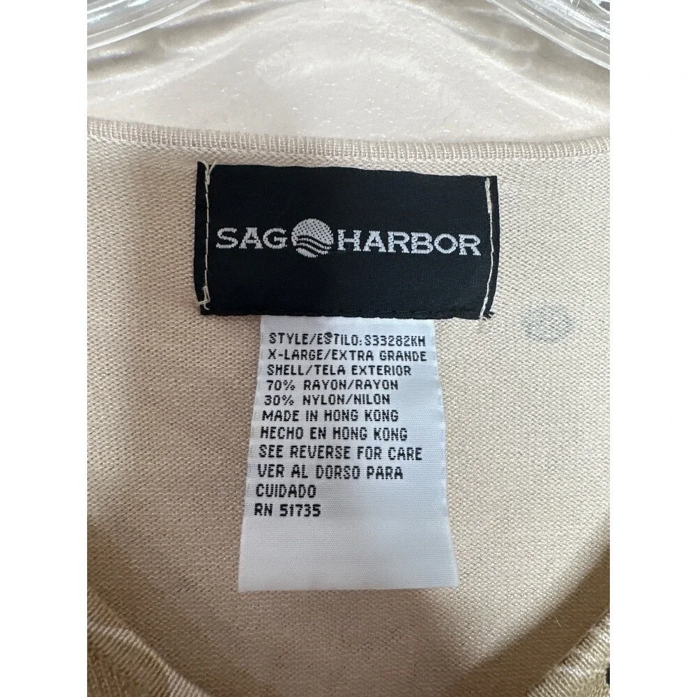Sag Harbor Women's XL Floral V-Neck Sweater Tan Black Beaded boho grandmacore